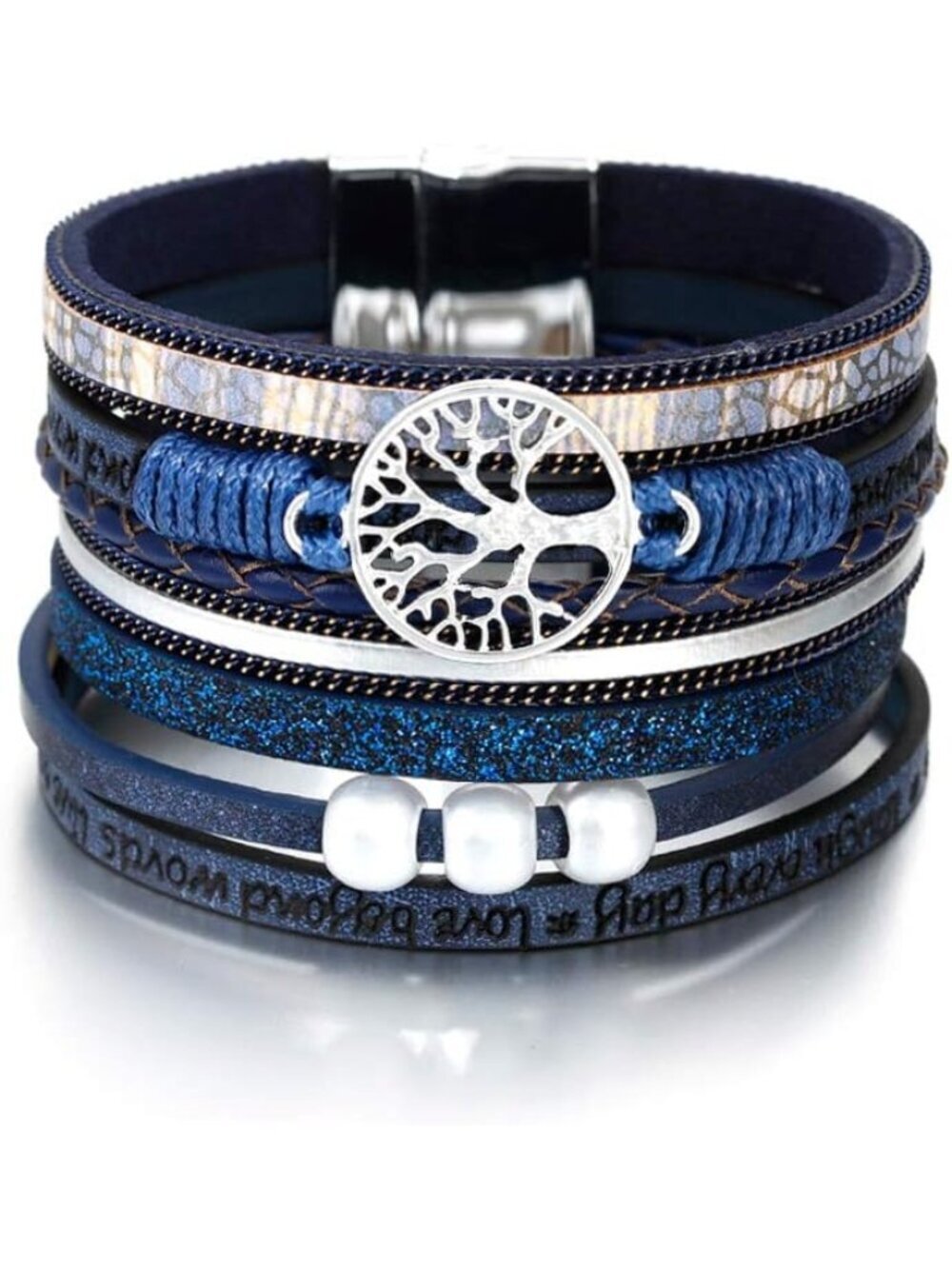 Women's Blue Boho Leopard Multi-layer Crystal Beads Cuff Leather Wrap Bracelets